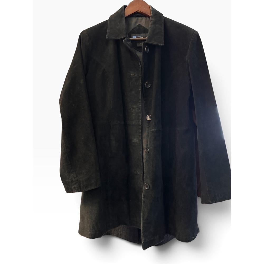 Relativity Womens Black Suede Leather Coat Button Front Mid Length Jacket Size M